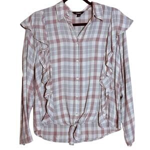 Express‎ Ruffle Plaid Top Sz S Button Down Tie Hem Pink Gray Twee Coquette Girl